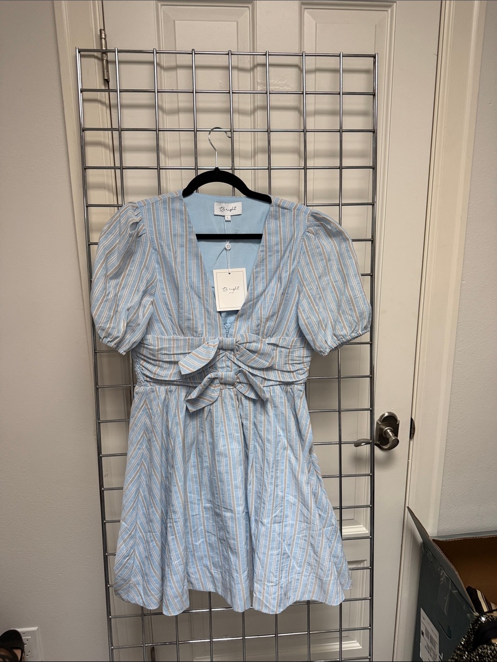 Sky Blue Stripe Puff-Sleeve Bow-Front Casual Dress by Sezane